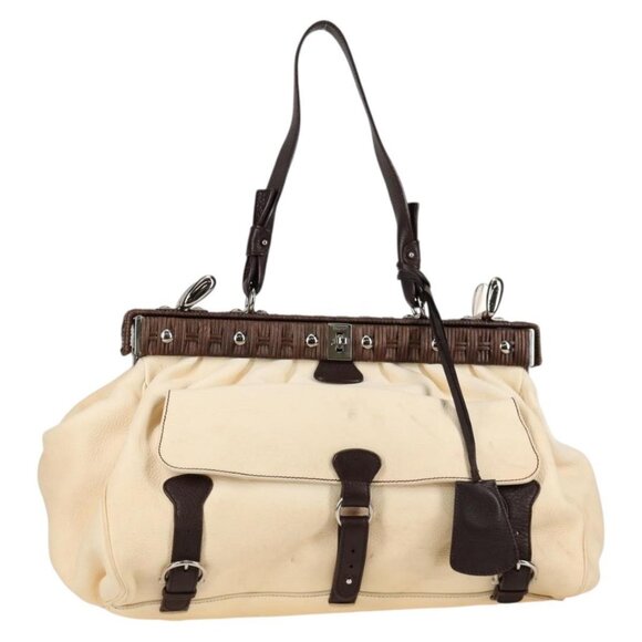 Salvatore Ferragamo Gancini Hand Bag Leather Ivory Silver Auth 136857